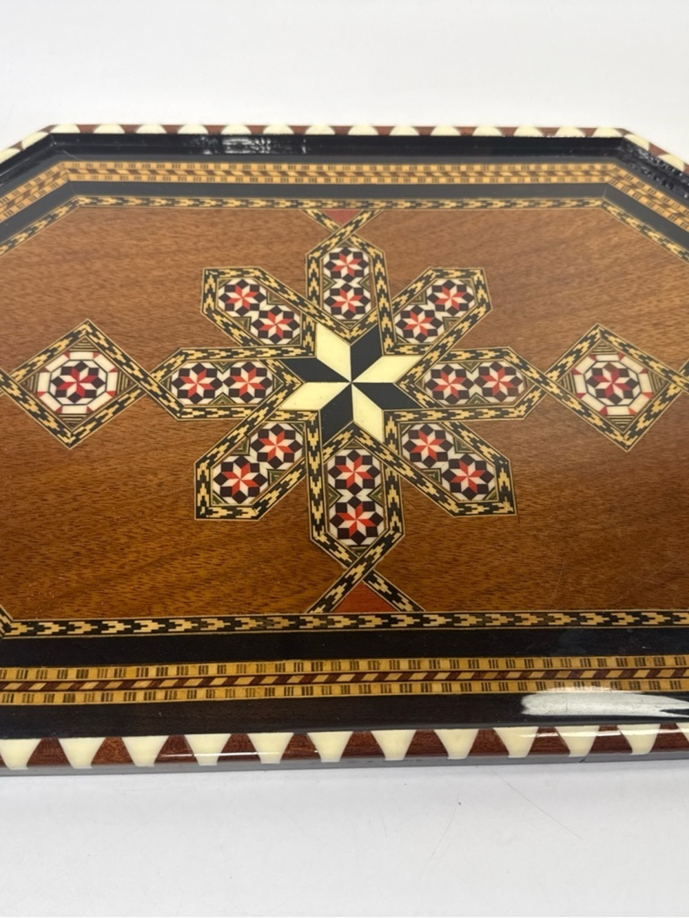 Marquetry middle eastern mosaic inlay geometric serving tray hand made